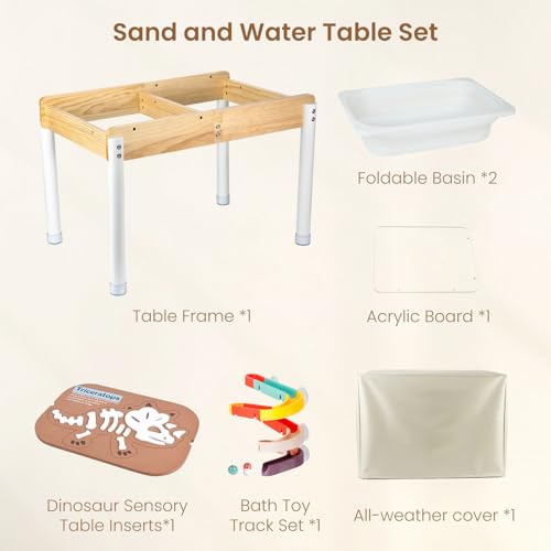 Woodtoe Sand and Water Table for Toddlers Wooden Sensory Play Activity Table with Dinosaur Puzzle 2 Collapsible Bins Acrylic Board Water Track Toys Montessori Kids Tables Learning Toy for Age 3 - Image 5