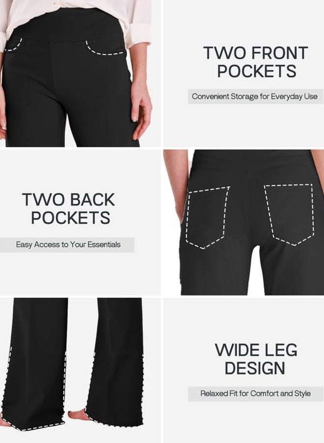 Houmous Wide Leg Pants Women Cotton Yoga Pants 28"/31"/34" High Waist Loose Lounge Stretch Trousers with Pockets, Black, XL - Image 4