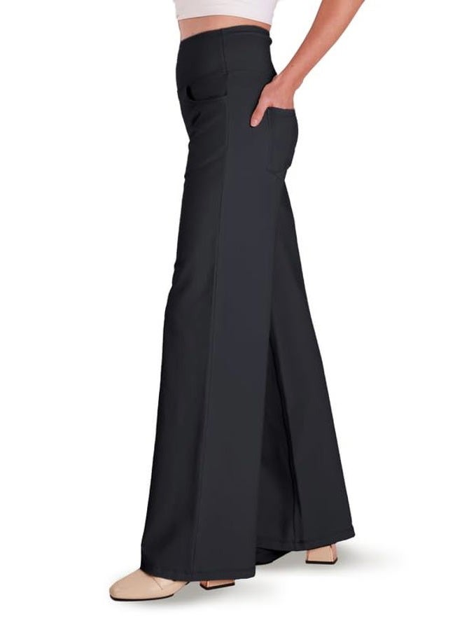 Houmous Wide Leg Pants Women Cotton Yoga Pants 28"/31"/34" High Waist Loose Lounge Stretch Trousers with Pockets, Black, XL - Image 2