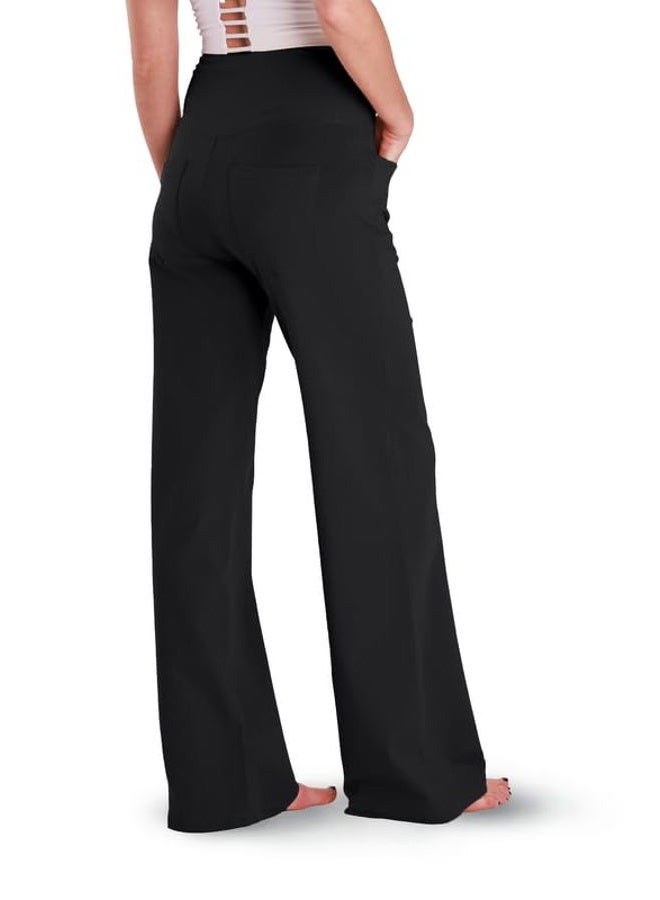 Houmous Wide Leg Pants Women Cotton Yoga Pants 28"/31"/34" High Waist Loose Lounge Stretch Trousers with Pockets, Black, XL - Image 3