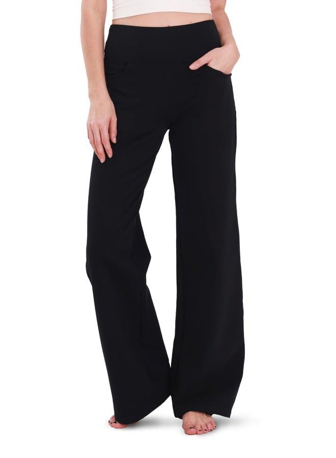 Houmous Wide Leg Pants Women Cotton Yoga Pants 28"/31"/34" High Waist Loose Lounge Stretch Trousers with Pockets, Black, XL - Image 1
