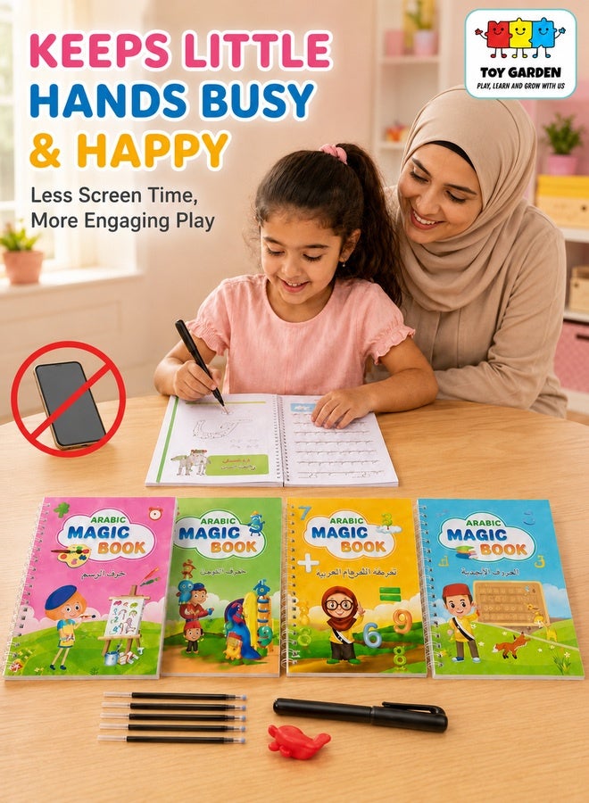4 PCS Arabic Magic Practice Copybook Reusable Handwriting Tracing Book Alphabet Drawing and Writing for Kids Includes Pen Refills and Grip High Quality Educational Learning Tool Gift for Children - Image 2
