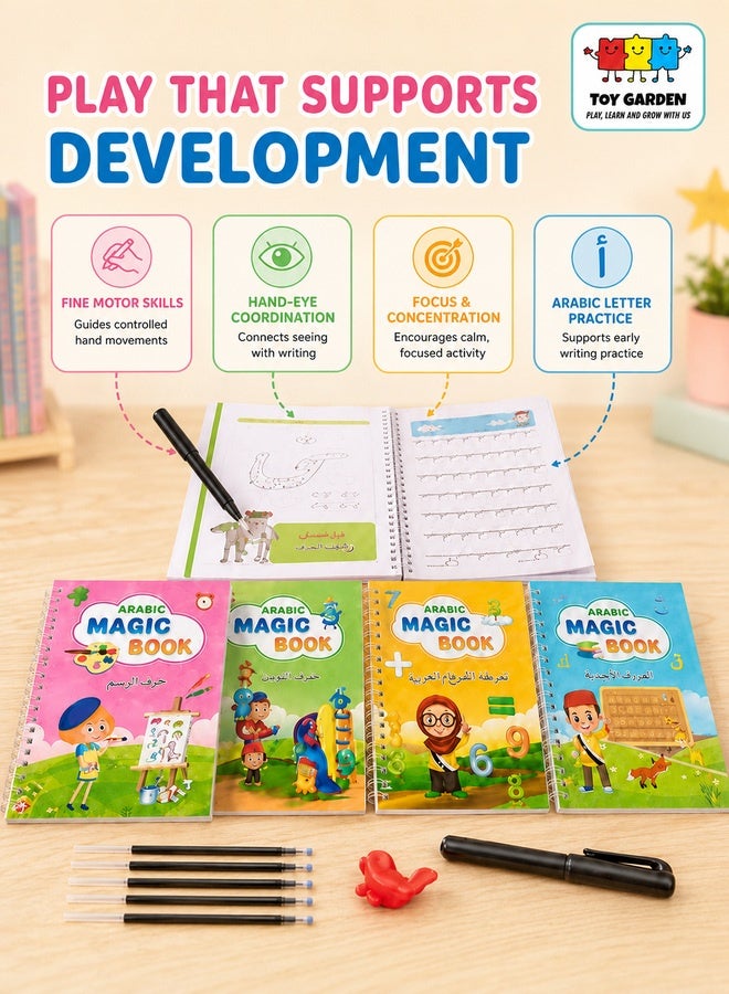 4 PCS Arabic Magic Practice Copybook Reusable Handwriting Tracing Book Alphabet Drawing and Writing for Kids Includes Pen Refills and Grip High Quality Educational Learning Tool Gift for Children - Image 3