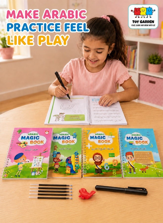 4 PCS Arabic Magic Practice Copybook Reusable Handwriting Tracing Book Alphabet Drawing and Writing for Kids Includes Pen Refills and Grip High Quality Educational Learning Tool Gift for Children - Image 1