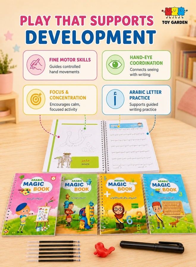 طقم كراسة التدريب السحرية باللغة العربية 4 قطع كتاب تتبع الكتابة اليدوية قابل لإعادة الاستخدام لتعليم الحروف والرسم والكتابة للأطفال يتضمن أقلام ومقابض أداة تعلم تعليمية عالية الجودة وهدية مميزة - Image 3