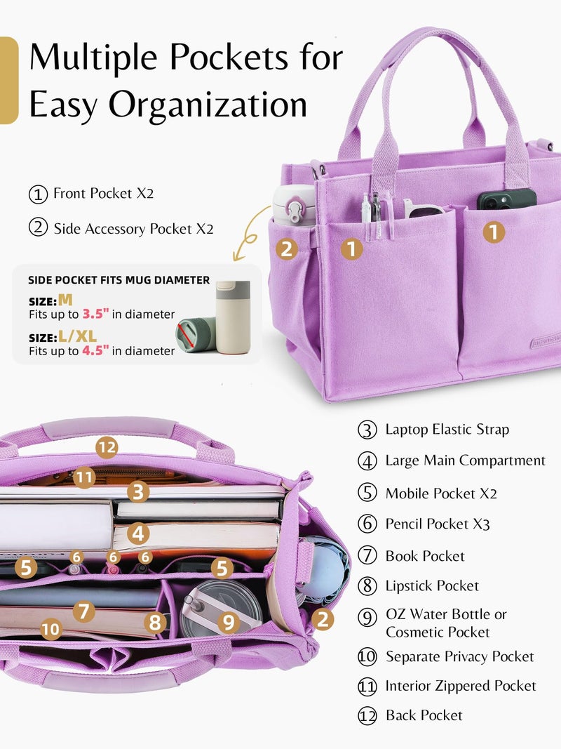 BESBESME Canvas Tote Bag for Women with Zipper, Compartments & Luggage Sleeve, Work and College Crossbody Bag, Adjustable Strap, Laptop Purse for Teacher, Nurse, Travel, Bible Study, Purple XL - Image 4