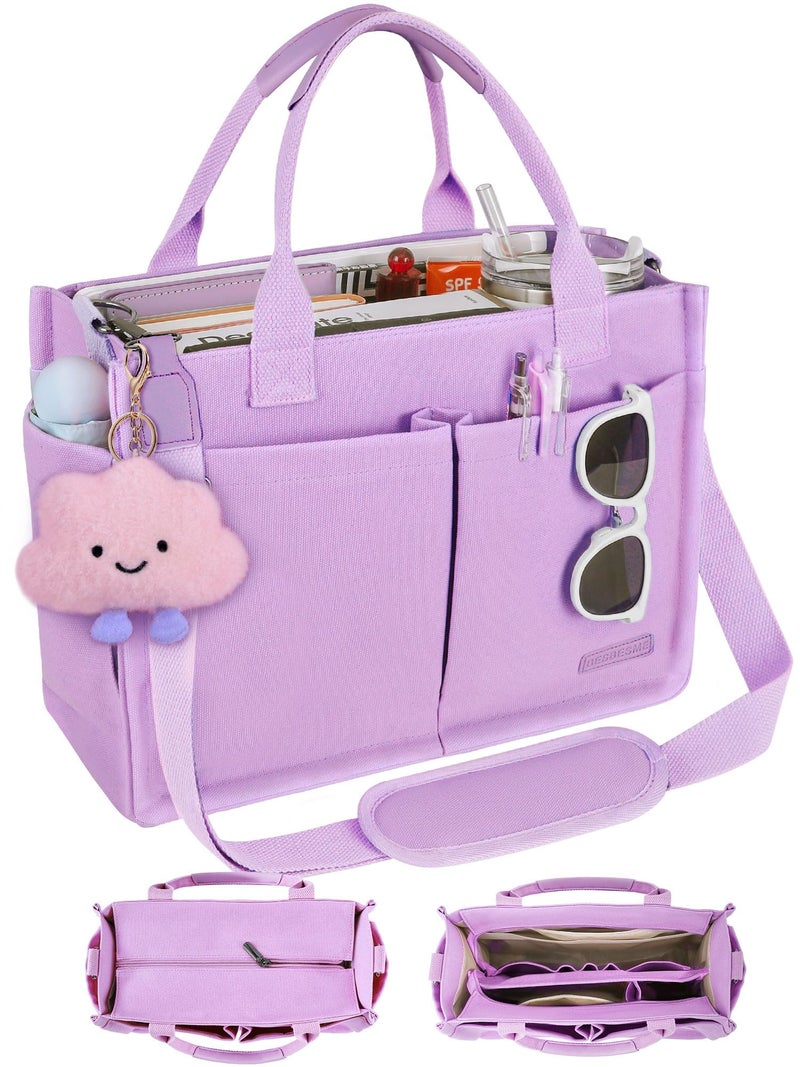 BESBESME Canvas Tote Bag for Women with Zipper, Compartments & Luggage Sleeve, Work and College Crossbody Bag, Adjustable Strap, Laptop Purse for Teacher, Nurse, Travel, Bible Study, Purple XL - Image 1