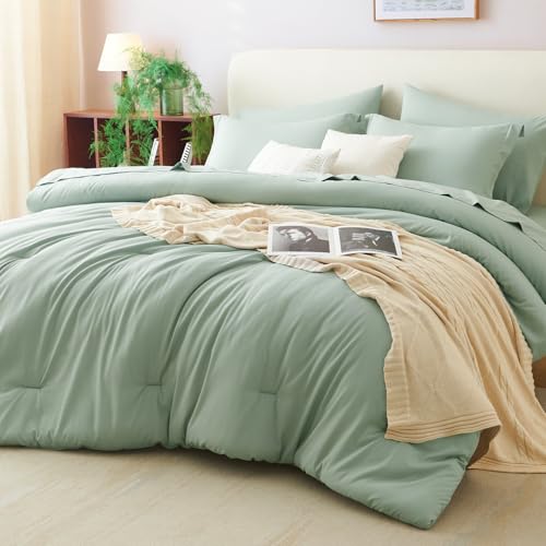 CozyLux King Comforter Set Sage Green, 7 Pieces Bed in a Bag, Bedding Comforter Set with Sheets, All Season Boho 7PC Bed Sets with Comforter, Fitted Sheets, Flat Sheets, Pillow Shams and Pillowcases - Image 1