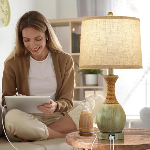 EJIAXIN Bedside Table Lamp Set of 2 - Bedroom Table Lamps with Adjustable Color Temperatures - Boho Rattan Lamps with USB A+C Charging Ports Grey Farmhouse Living Room Lamps for Reading Bulbs Included - Image 3
