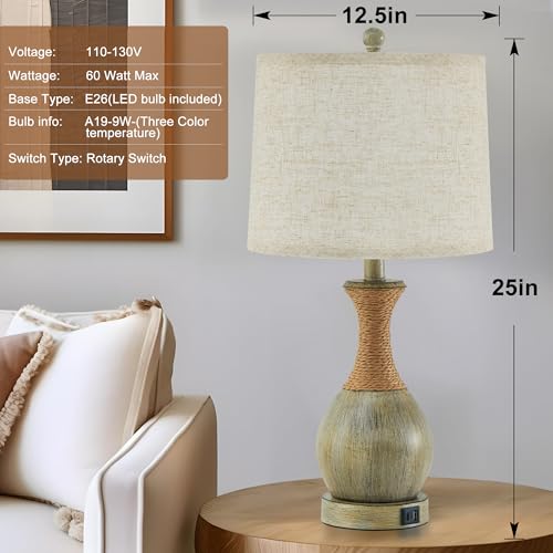 EJIAXIN Bedside Table Lamp Set of 2 - Bedroom Table Lamps with Adjustable Color Temperatures - Boho Rattan Lamps with USB A+C Charging Ports Grey Farmhouse Living Room Lamps for Reading Bulbs Included - Image 4