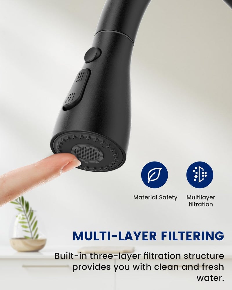 DAYONE Kitchen Sink Mixer Tap with Soap Dispenser, 3 Modes Single-Handle Kitchen Sink Mixer with Sprayer, Stainless Steel Kitchen Faucet 360° Swivel Matte Black - Image 5