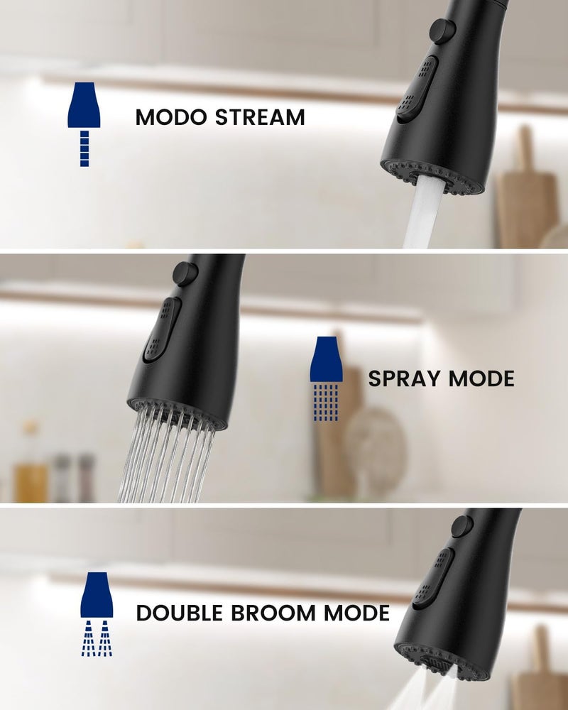 DAYONE Kitchen Sink Mixer Tap with Soap Dispenser, 3 Modes Single-Handle Kitchen Sink Mixer with Sprayer, Stainless Steel Kitchen Faucet 360° Swivel Matte Black - Image 3