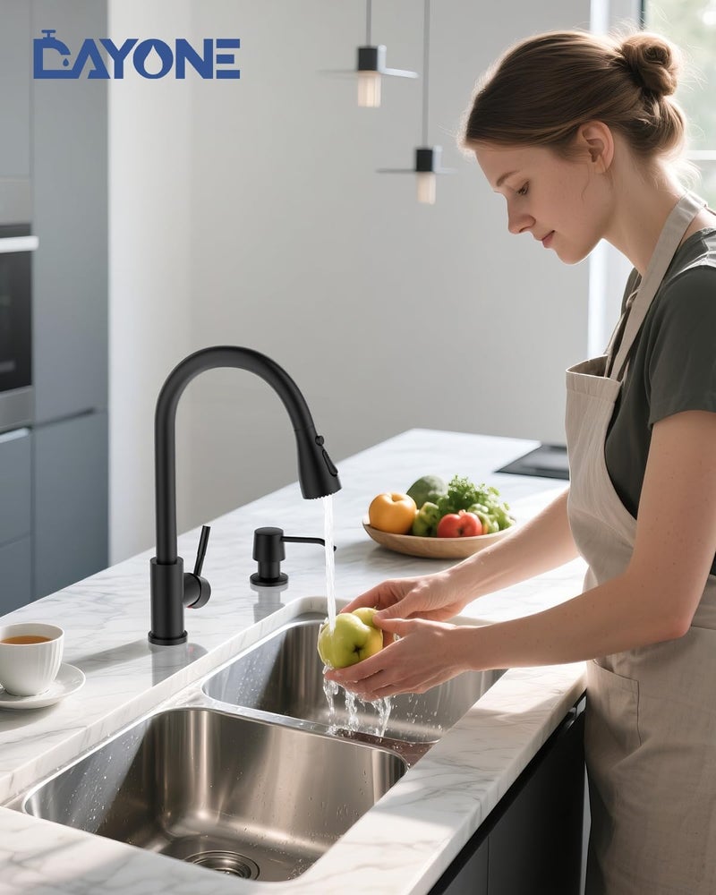 DAYONE Kitchen Sink Mixer Tap with Soap Dispenser, 3 Modes Single-Handle Kitchen Sink Mixer with Sprayer, Stainless Steel Kitchen Faucet 360° Swivel Matte Black - Image 2