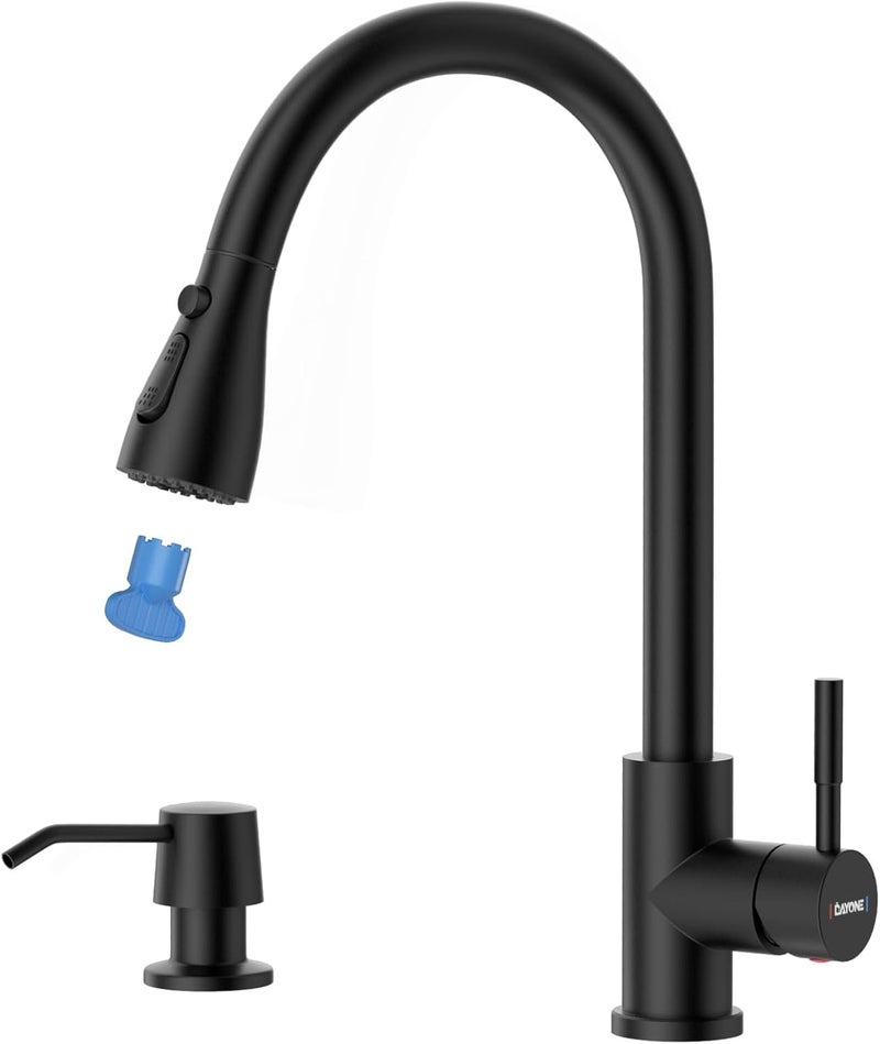 DAYONE Kitchen Sink Mixer Tap with Soap Dispenser, 3 Modes Single-Handle Kitchen Sink Mixer with Sprayer, Stainless Steel Kitchen Faucet 360° Swivel Matte Black - Image 1