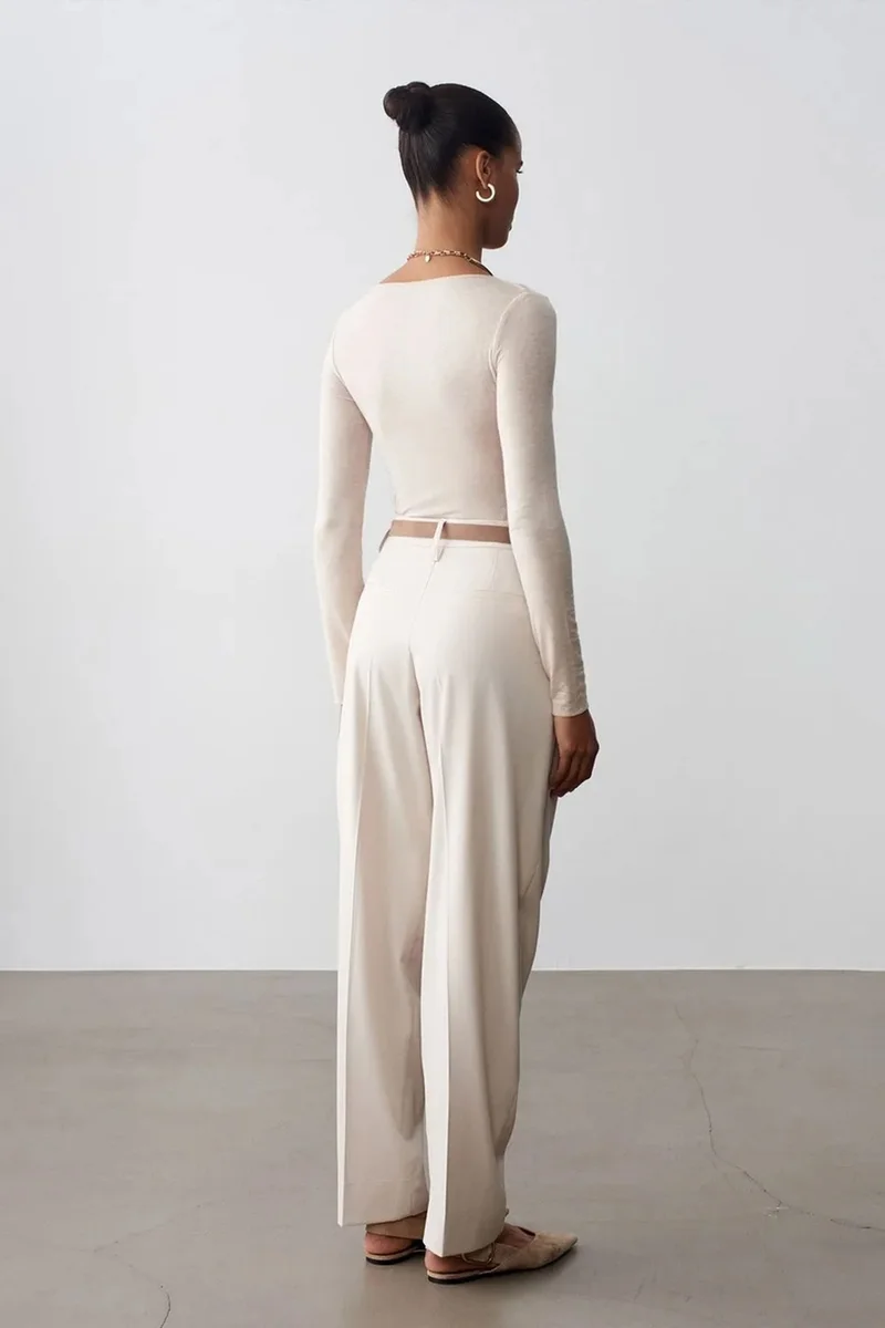 Dilvin Cream Natural DILVIN Belted Straight-Leg Crepe Trousers for Women | Best Price UAE