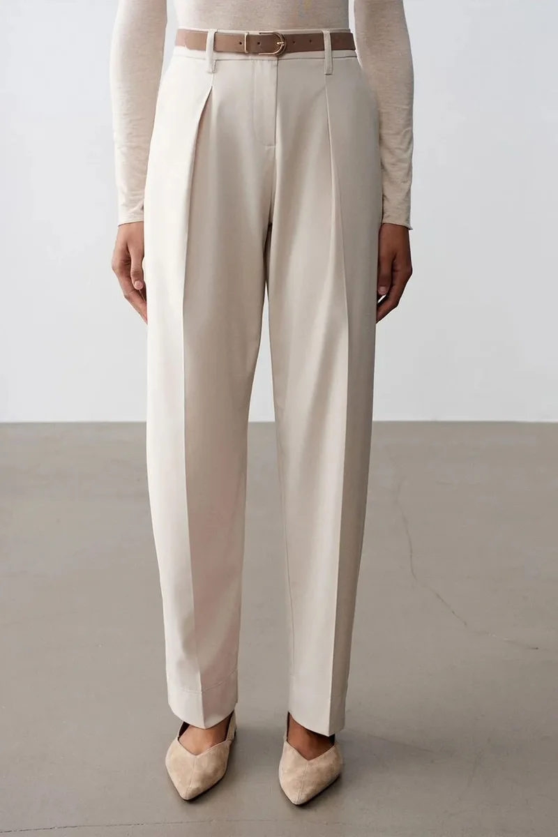 Dilvin Cream Natural DILVIN Belted Straight-Leg Crepe Trousers for Women | Best Price UAE