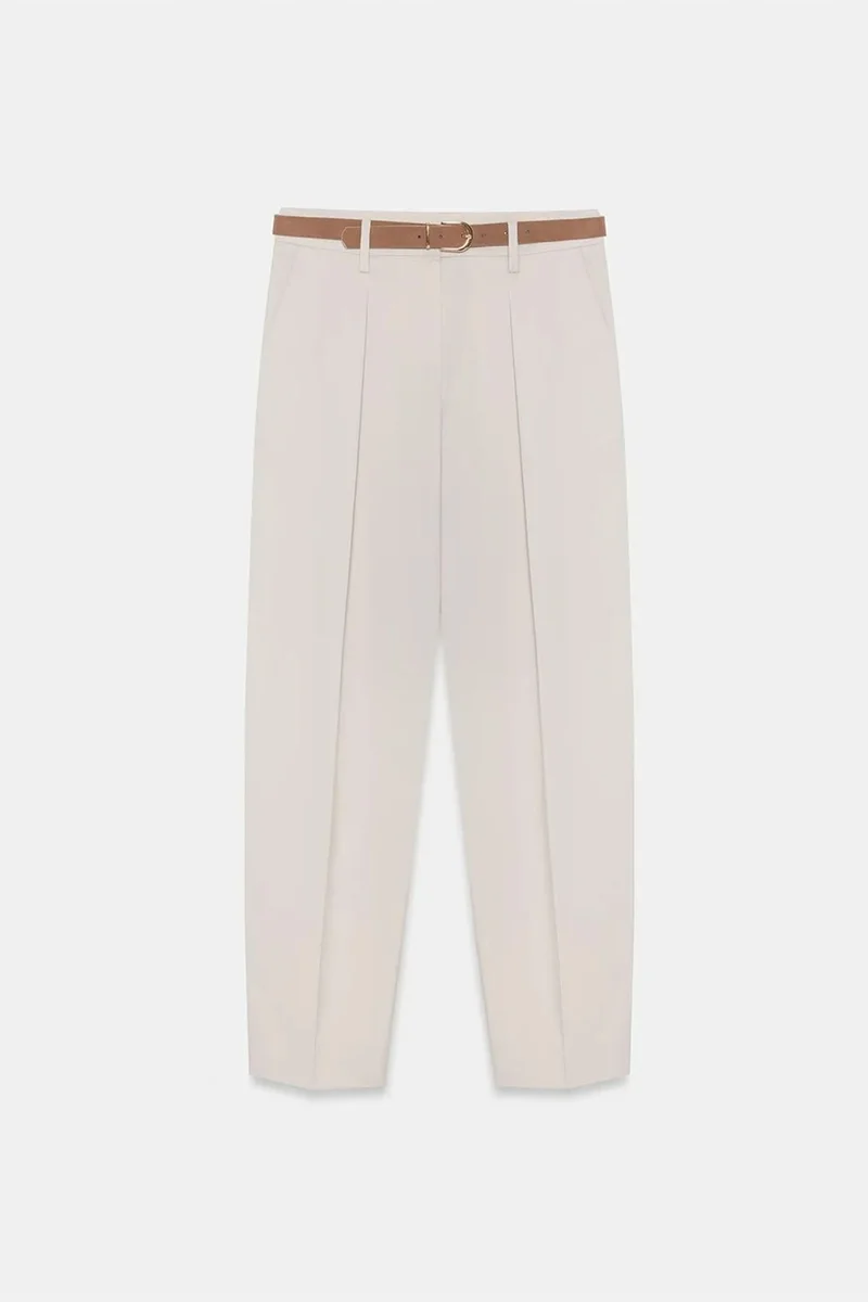 Dilvin Cream Natural DILVIN Belted Straight-Leg Crepe Trousers for Women | Best Price UAE