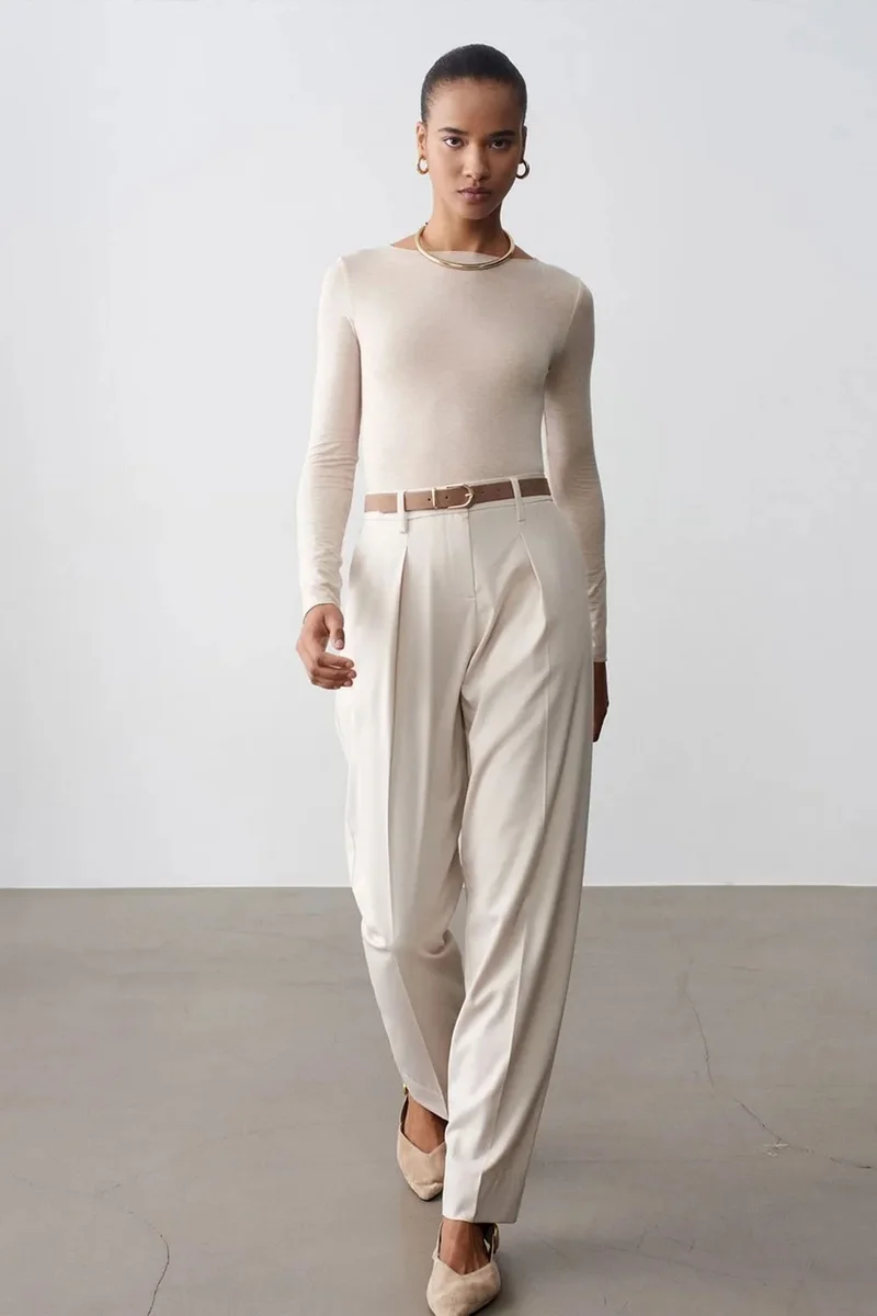 Dilvin Cream Natural DILVIN Belted Straight-Leg Crepe Trousers for Women | Best Price UAE