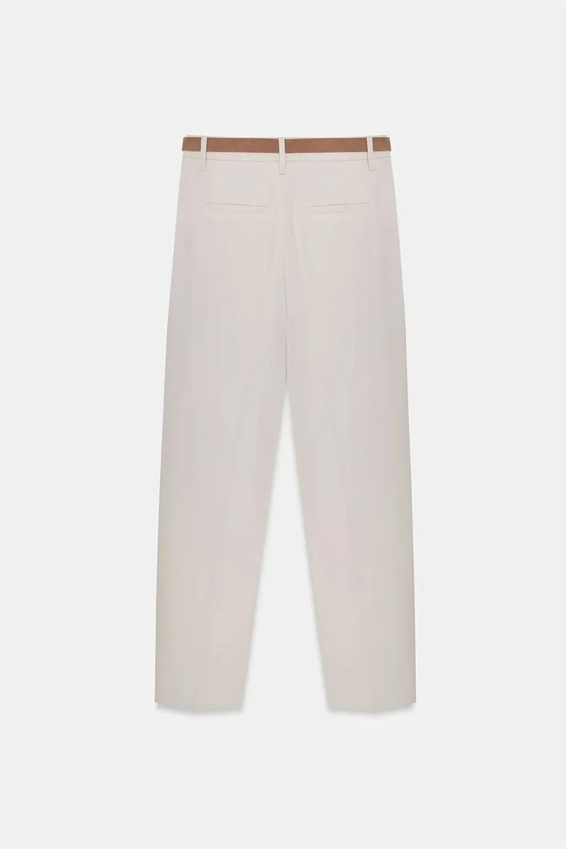 Dilvin Cream Natural DILVIN Belted Straight-Leg Crepe Trousers for Women | Best Price UAE