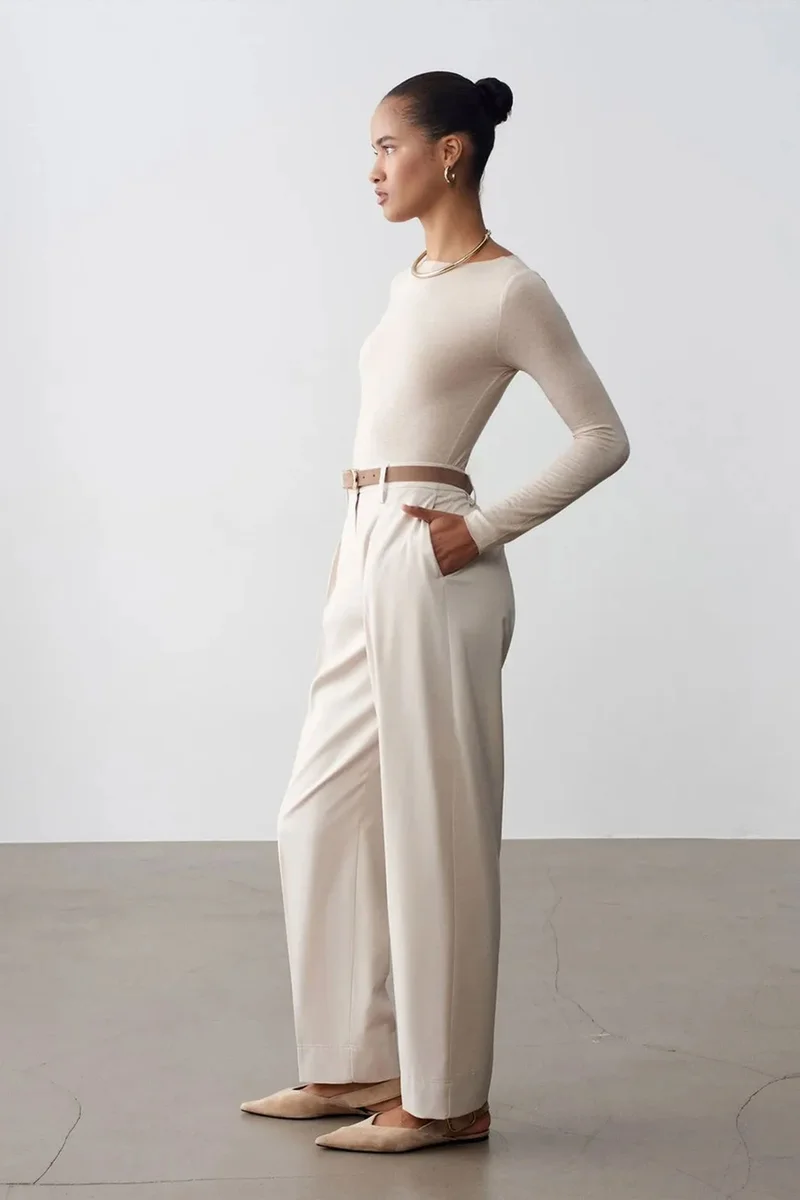 Dilvin Cream Natural DILVIN Belted Straight-Leg Crepe Trousers for Women | Best Price UAE