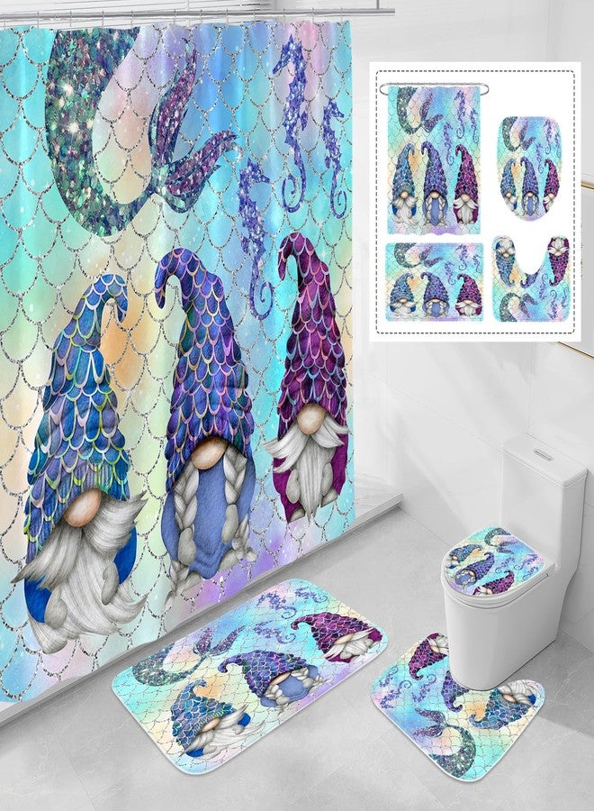 Litabel 4 Pcs Summer Mermaid Gnomes Shower Curtain Set with Non-Slip Rugs, Toilet Lid Cover and Bath Mat,Ocean Bathroom Decor Set with Shower Curtain and Rugs(Hooks Not Included) - Image 1