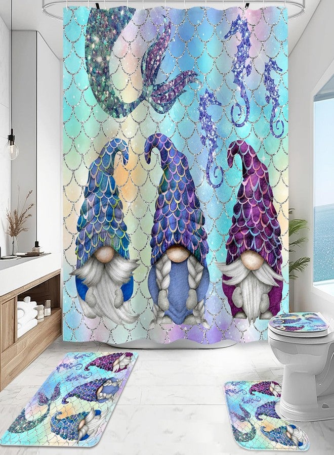Litabel 4 Pcs Summer Mermaid Gnomes Shower Curtain Set with Non-Slip Rugs, Toilet Lid Cover and Bath Mat,Ocean Bathroom Decor Set with Shower Curtain and Rugs(Hooks Not Included) - Image 2