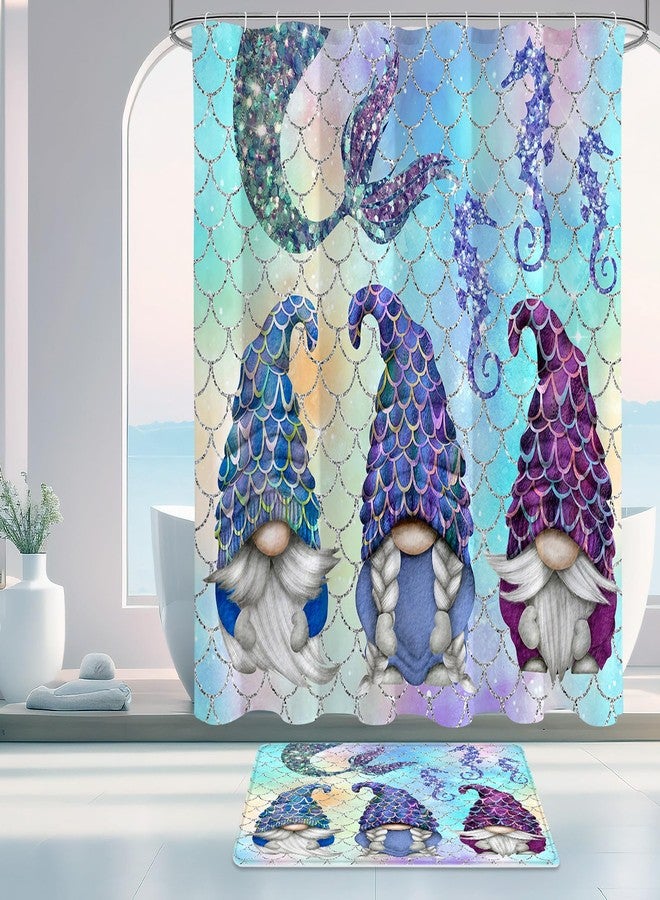 Litabel 4 Pcs Summer Mermaid Gnomes Shower Curtain Set with Non-Slip Rugs, Toilet Lid Cover and Bath Mat,Ocean Bathroom Decor Set with Shower Curtain and Rugs(Hooks Not Included) - Image 3