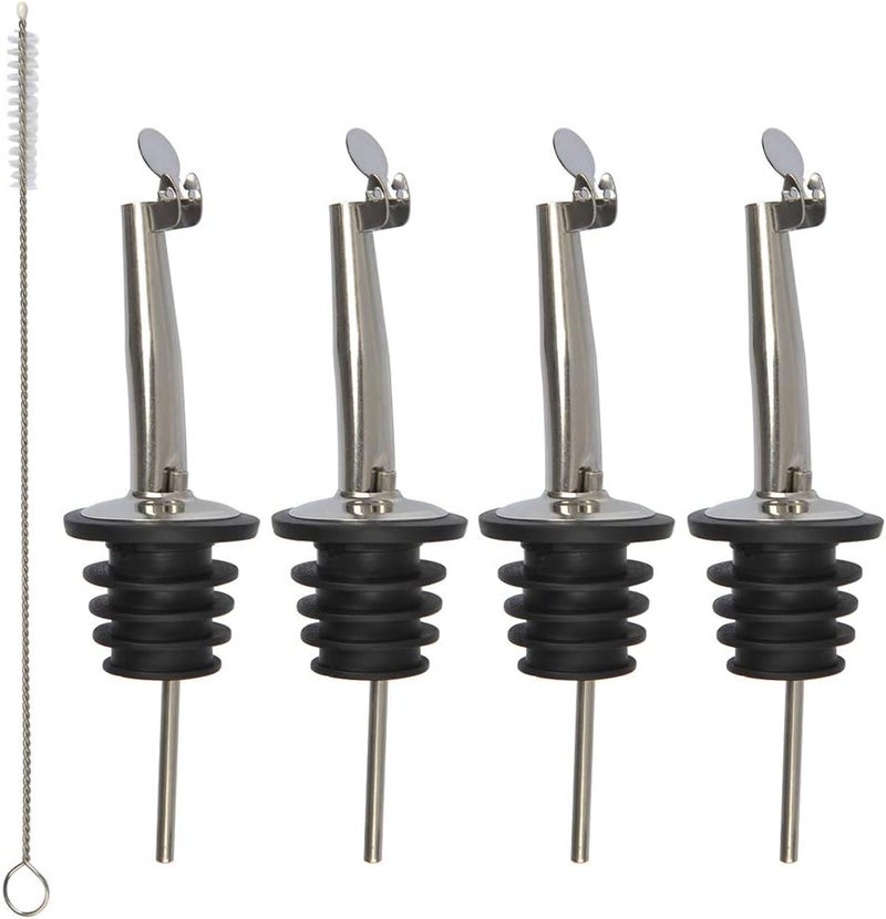 FOCCTS 4 Pcs Bottle Pourer, Spirit Pourer, Drinks Pourer, Oil Pourer, Stainless Steel Freeflow Pourer with 1 Cleaning Brush - Image 1