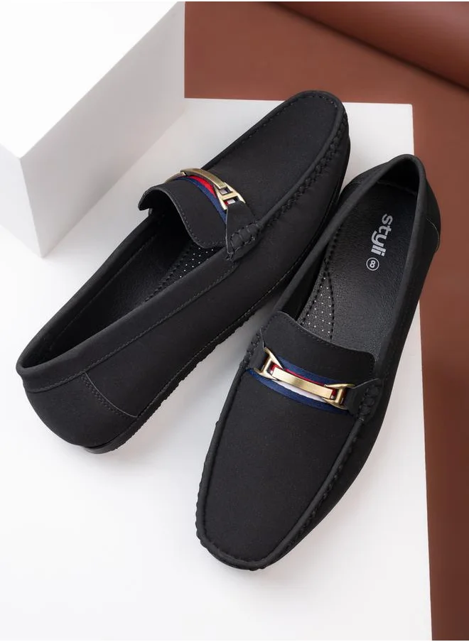 Styli Buckled Faux Leather Slip On Loafers