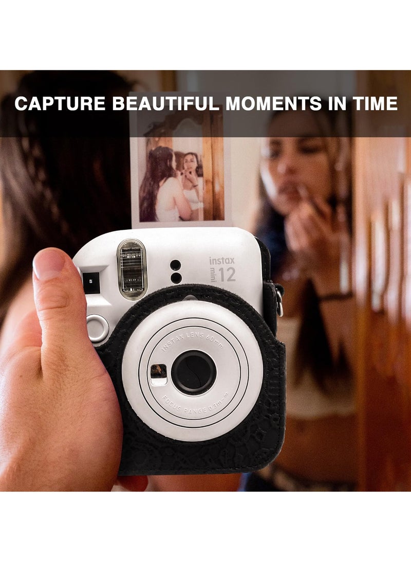Fujifilm Instax Mini 12 Camera PU Leather Protective Case with Adjustable Shoulder Strap and 64-Pocket Mini Photo Album (Black Lace)  - Image 4