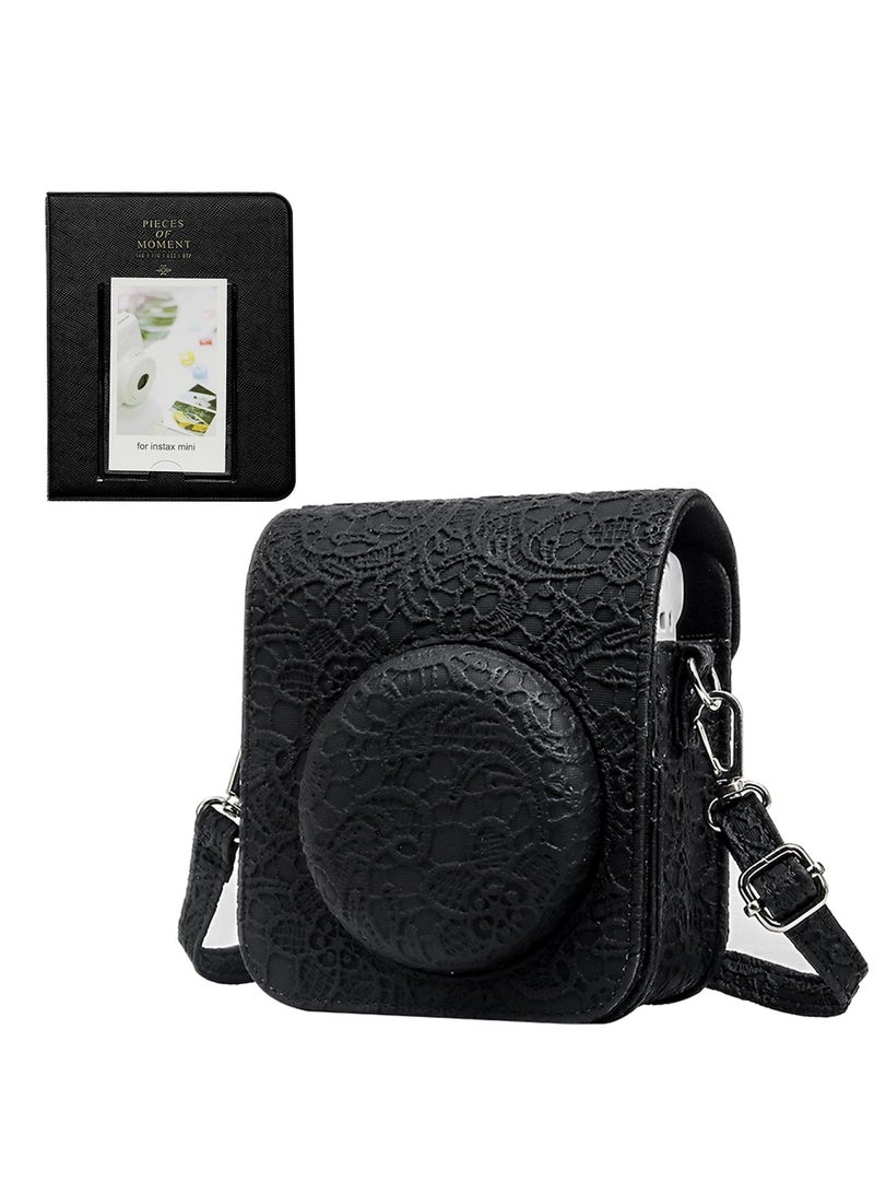Fujifilm Instax Mini 12 Camera PU Leather Protective Case with Adjustable Shoulder Strap and 64-Pocket Mini Photo Album (Black Lace)  - Image 1