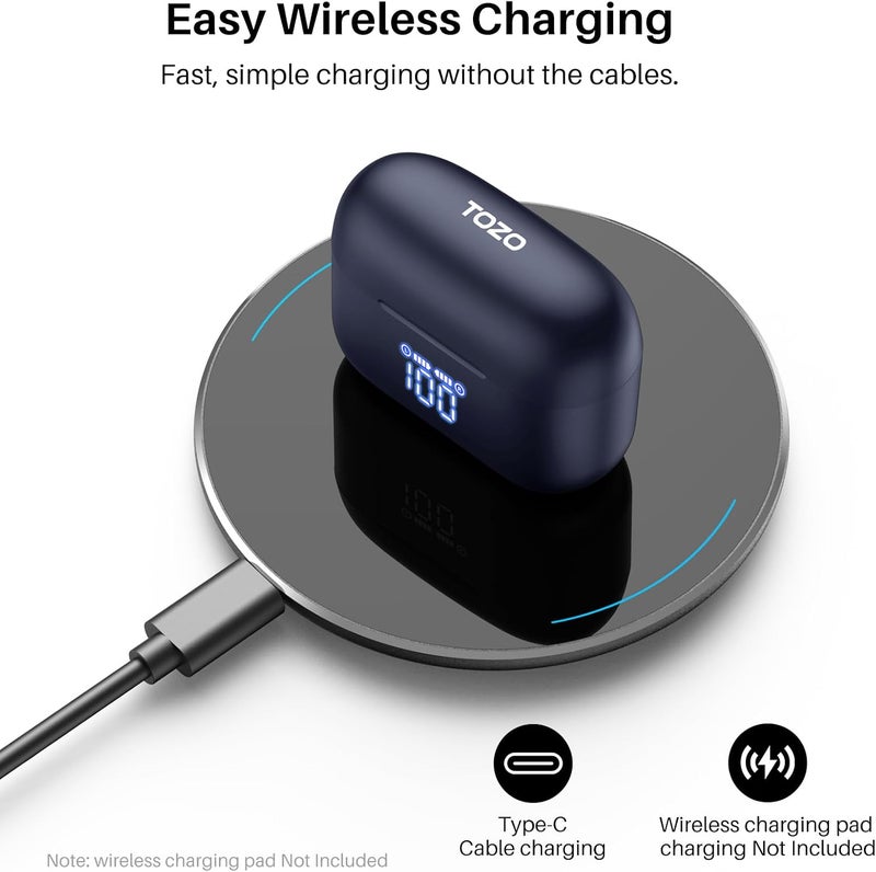 TOZO T20 Wireless Earbuds Bluetooth Headphones with 48.5 Hrs Playtime, LED Display, IPX8 Waterproof, Dual Mic Noise Cancelling, and Wireless Charging Case - Blue - Image 4