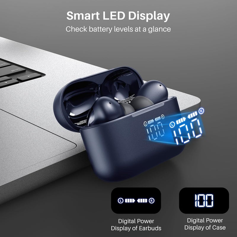 TOZO T20 Wireless Earbuds Bluetooth Headphones with 48.5 Hrs Playtime, LED Display, IPX8 Waterproof, Dual Mic Noise Cancelling, and Wireless Charging Case - Blue - Image 2
