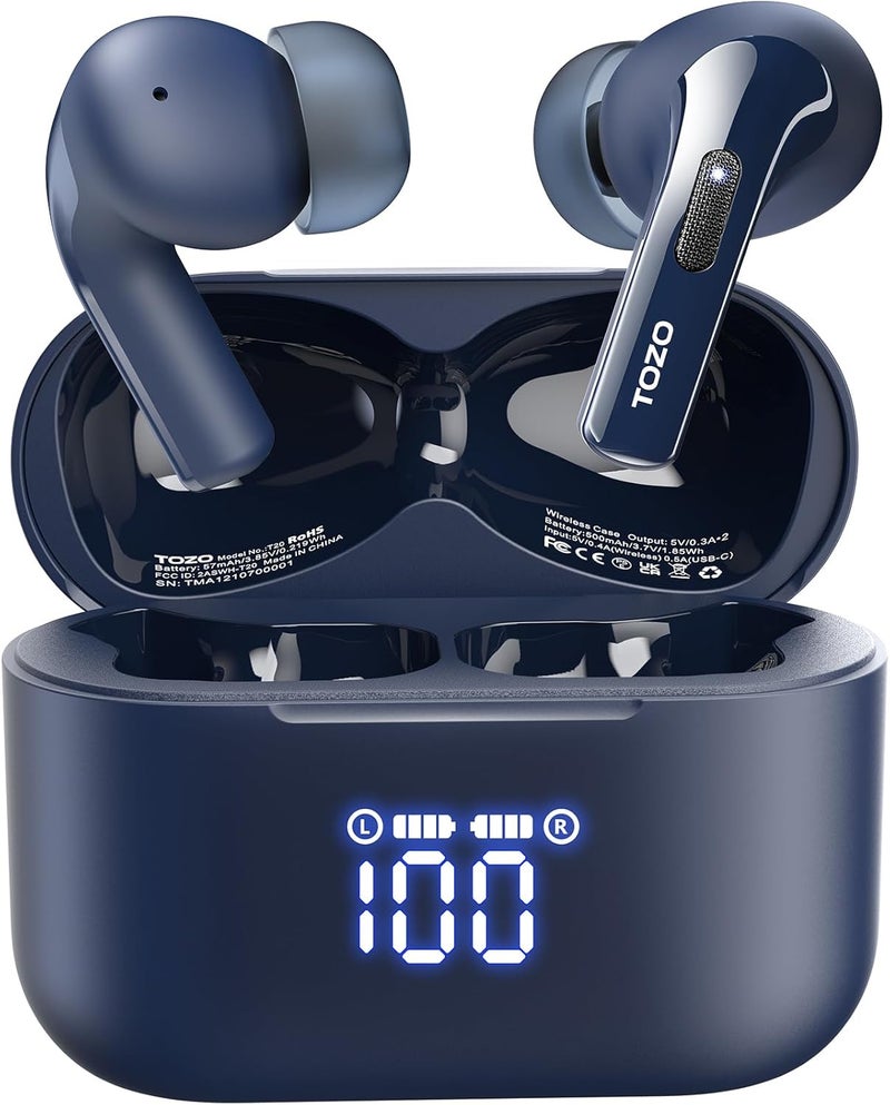 TOZO T20 Wireless Earbuds Bluetooth Headphones with 48.5 Hrs Playtime, LED Display, IPX8 Waterproof, Dual Mic Noise Cancelling, and Wireless Charging Case - Blue - Image 1