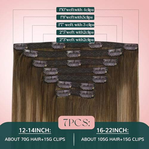 Easyouth Clip in Hair Extensions Balayage Remy Human Hair Clip in Extensions Dark Brown Fading to Caramel Blonde Mix Brown Balayage Clips in Real Hair Extension for Short Straight Hair 12 In 80G 7Pcs - Image 5