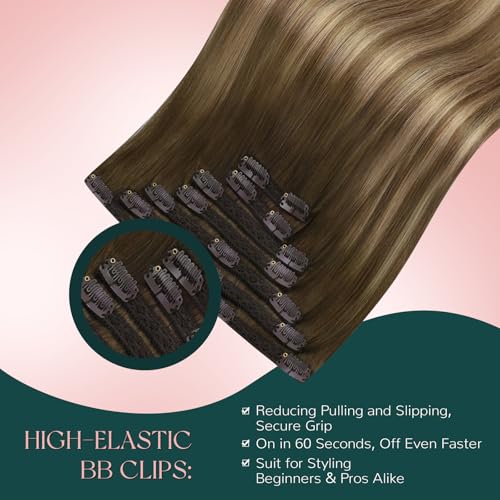 Easyouth Clip in Hair Extensions Balayage Remy Human Hair Clip in Extensions Dark Brown Fading to Caramel Blonde Mix Brown Balayage Clips in Real Hair Extension for Short Straight Hair 12 In 80G 7Pcs - Image 3