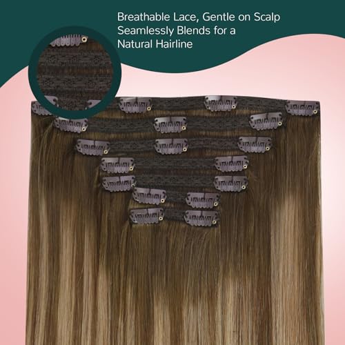 Easyouth Clip in Hair Extensions Balayage Remy Human Hair Clip in Extensions Dark Brown Fading to Caramel Blonde Mix Brown Balayage Clips in Real Hair Extension for Short Straight Hair 12 In 80G 7Pcs - Image 4