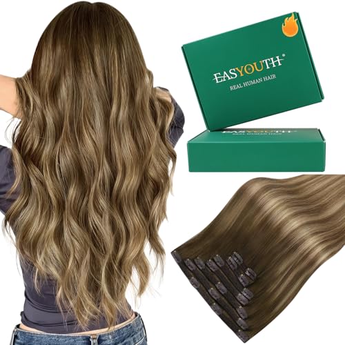 Easyouth Clip in Hair Extensions Balayage Remy Human Hair Clip in Extensions Dark Brown Fading to Caramel Blonde Mix Brown Balayage Clips in Real Hair Extension for Short Straight Hair 12 In 80G 7Pcs - Image 1