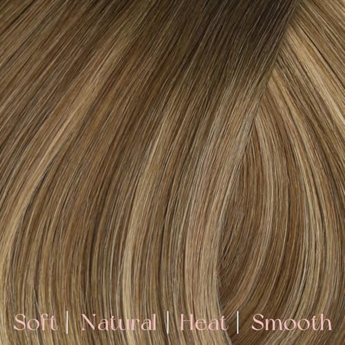 Easyouth Clip in Hair Extensions Balayage Remy Human Hair Clip in Extensions Dark Brown Fading to Caramel Blonde Mix Brown Balayage Clips in Real Hair Extension for Short Straight Hair 12 In 80G 7Pcs - Image 2