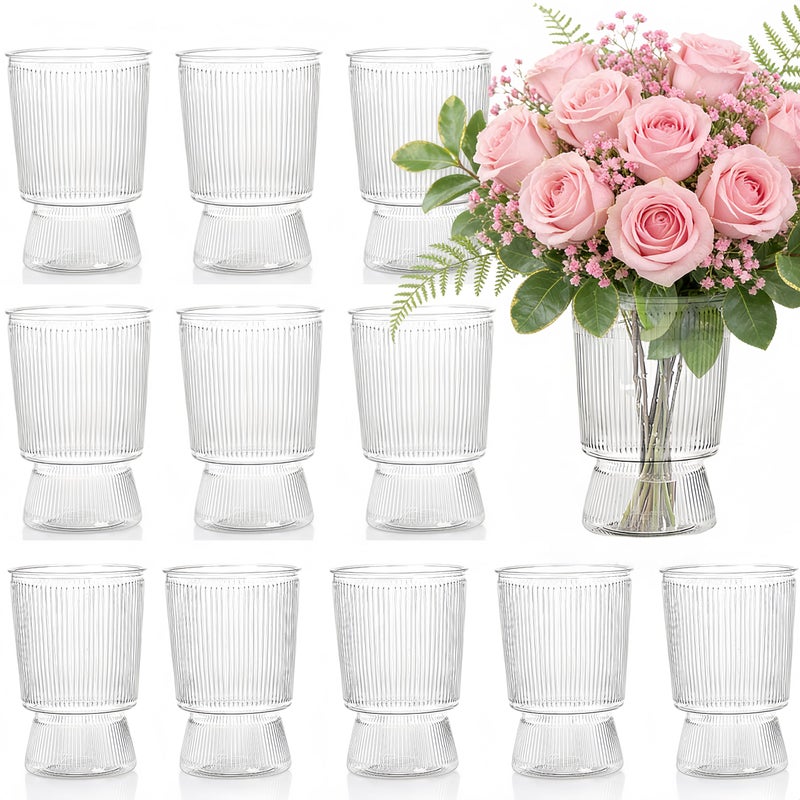 Tlence 12 Pack Clear Plastic Flower Vases, 6.3" Small Ribbed Fluted Glass-Like Vase, Decorative Modern Ripple Hydroponic Plant Vase with Base for Table Centerpieces Home Decor Wedding Decoration - Image 1