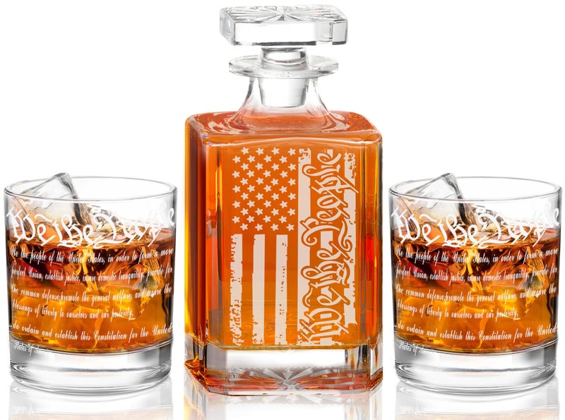 YJGS Whiskey Decanter Engraved We The People American Flag Decanter Set with 2 Glasses for Liquor Scotch Bourbon or Wine, Father's Day Patriotic Gift - Image 1