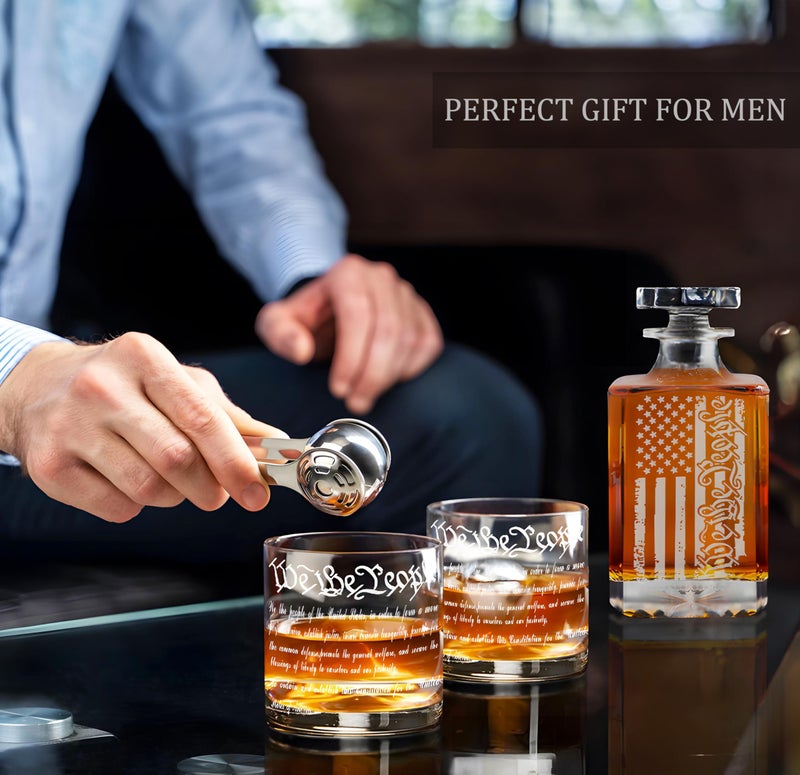 YJGS Whiskey Decanter Engraved We The People American Flag Decanter Set with 2 Glasses for Liquor Scotch Bourbon or Wine, Father's Day Patriotic Gift - Image 4
