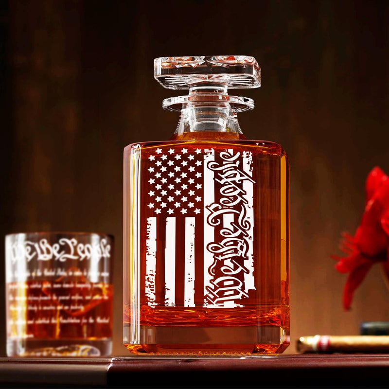 YJGS Whiskey Decanter Engraved We The People American Flag Decanter Set with 2 Glasses for Liquor Scotch Bourbon or Wine, Father's Day Patriotic Gift - Image 2