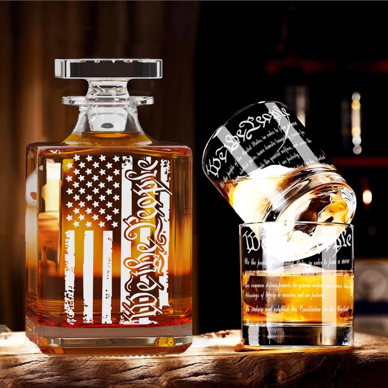 YJGS Whiskey Decanter Engraved We The People American Flag Decanter Set with 2 Glasses for Liquor Scotch Bourbon or Wine, Father's Day Patriotic Gift - Image 5