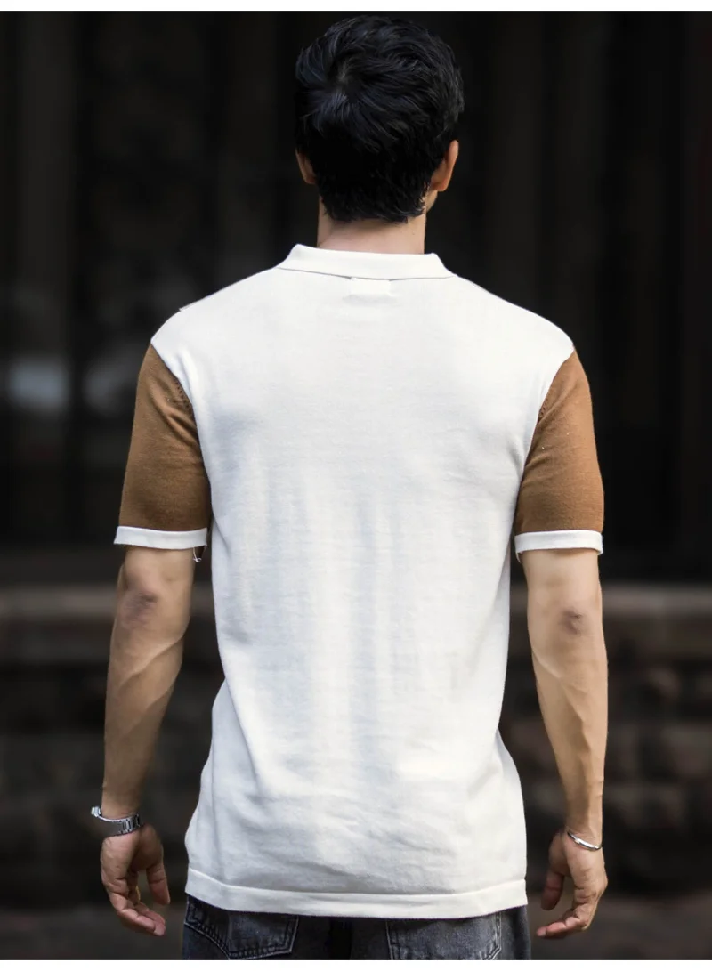 Maniac Maniac Mens ColorBlock Polo Neck Half Sleeve Beige and Half White Slim Fit Polo T-Shirt