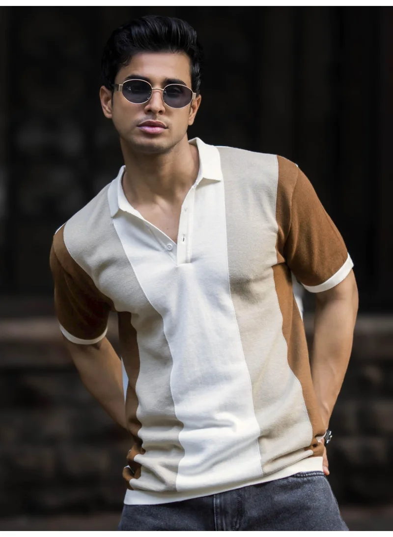 Maniac Maniac Mens ColorBlock Polo Neck Half Sleeve Beige and Half White Slim Fit Polo T-Shirt