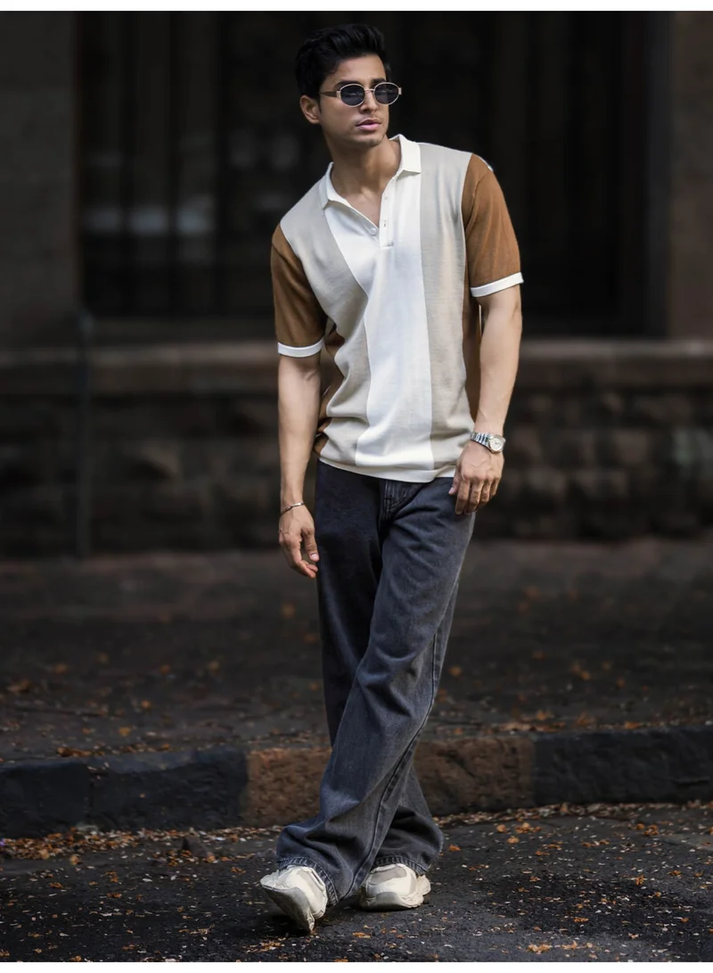 Maniac Maniac Mens ColorBlock Polo Neck Half Sleeve Beige and Half White Slim Fit Polo T-Shirt