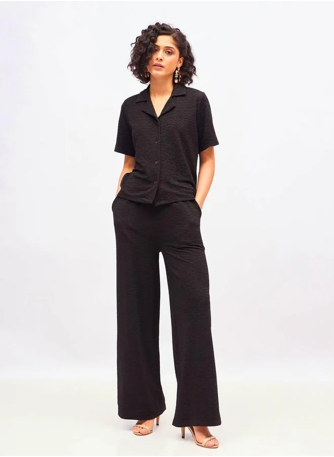 SASSAFRAS Textured Knit Notch Collar Shirt & Darted Pants Co-Ords by Styli