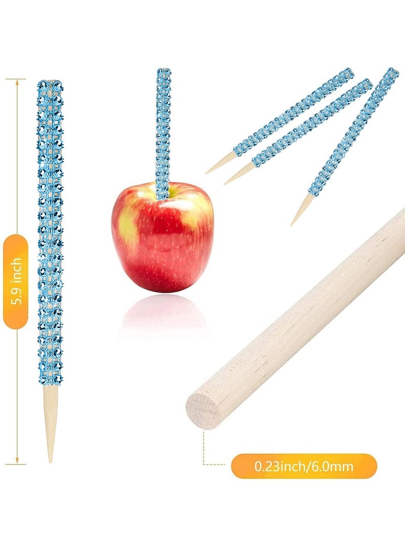MGWOTH 32 PCS Bling Candy Apple Bamboo Sticks Caramel Apple Wooden Pointed Skewers with Rhinestones Diamond Mesh Wrap Fruit Treats Pop Dec Bar for Dessert Table Tea Party Birthday Wedding Christmas (Blue)  - Image 4