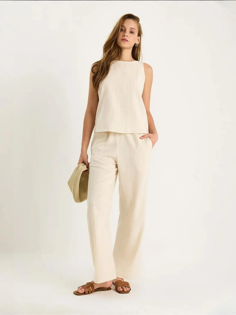 Bianco Lucci Cream Natural LUCCI High Waist Sleeveless Linen Blended Two-Piece Set for Women | Best Price UAE